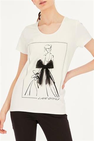Biały t-shirt damski z nadrukiem i kokardką 58826 - 390681