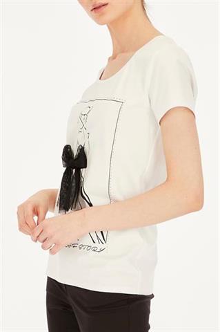Biały t-shirt damski z nadrukiem i kokardką 58826 - 390711