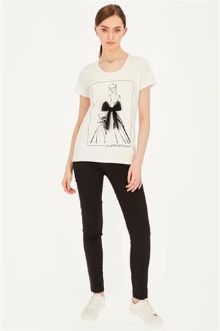 Biały t-shirt damski z nadrukiem i kokardką 58826 - 390721