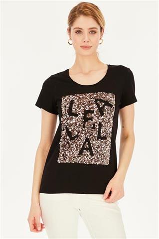 Czarny t-shirt damski z cekinami 58831 - 390981