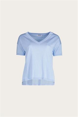 Błękitna dzianinowa bluzka z krótkim rękawem V-neck 85664 - 551121