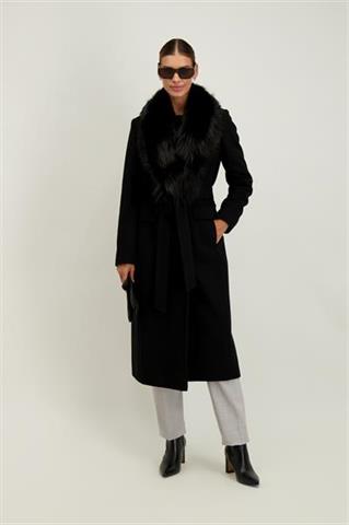 Czarny płaszcz damski z wełną - odpinane futerko z lisa, model ocieplany 87092 - 680181